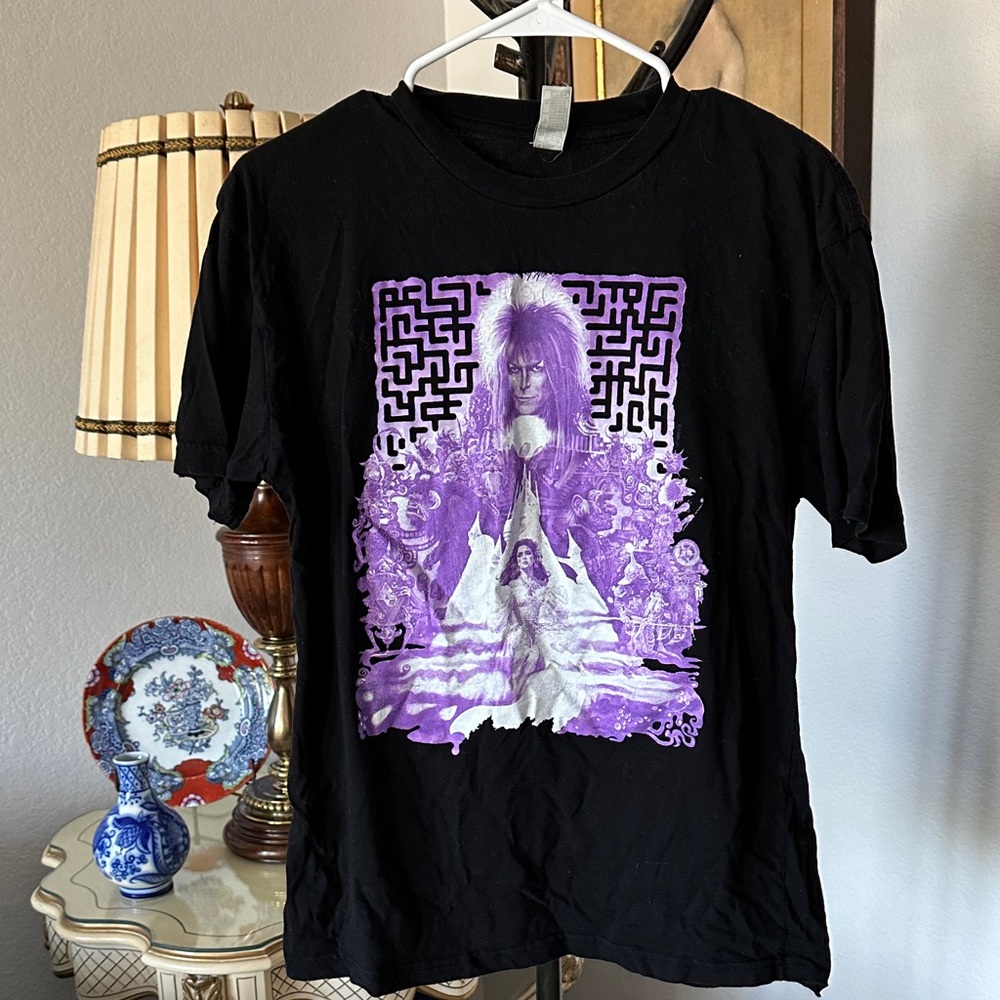 Black Short Sleeve Graphic Tee with Purple Print 1980’s David Bowie Labyrinth